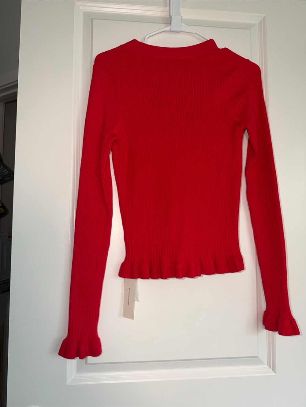Commense Red Ribbed V-Neck Cardigan with Ruffle Hem - Picture 3 of 7